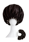 BUNLUV dark chocoalte and rose gold satin bonnet and dark chocoalte spiral scrunchie on a white mannequin head with a white background