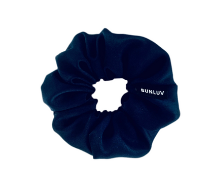 Navy blue SmartCore BUNLUV scrunchie satin on white background 