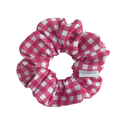 BUNLUV swim scrunchie in pink gingham, designed for pool and beach use