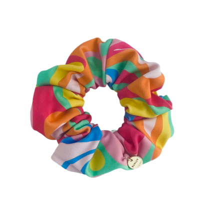 BUNLUV kids swim scrunchie in rainbow print, designed for swimming and summer wear