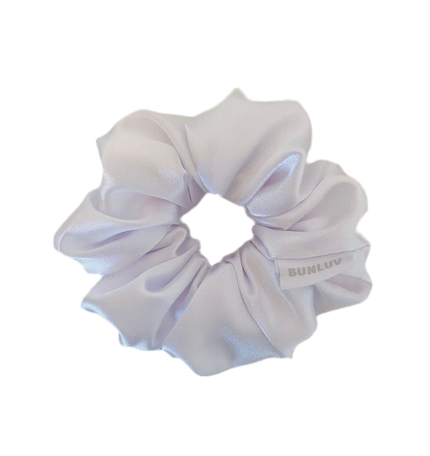 White satin scrunchie by BUNLUV, shown on white background