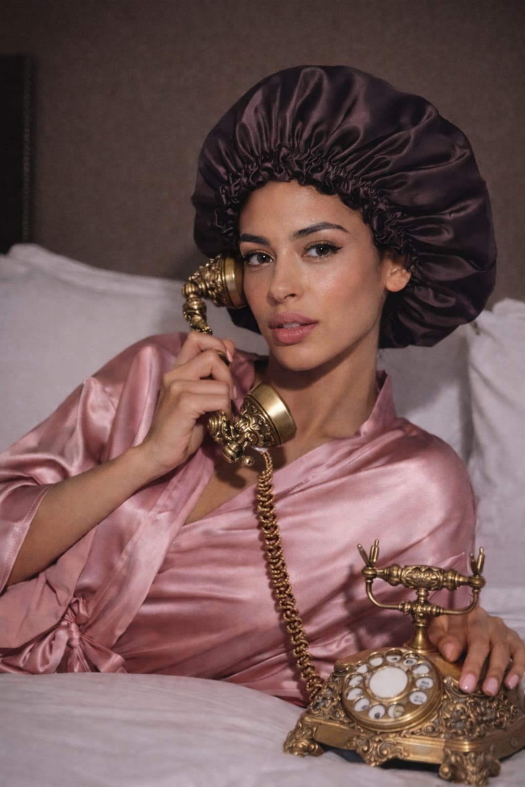 Woman in a satin bonnet and pink robe holding an old-fashioned gold telephone.