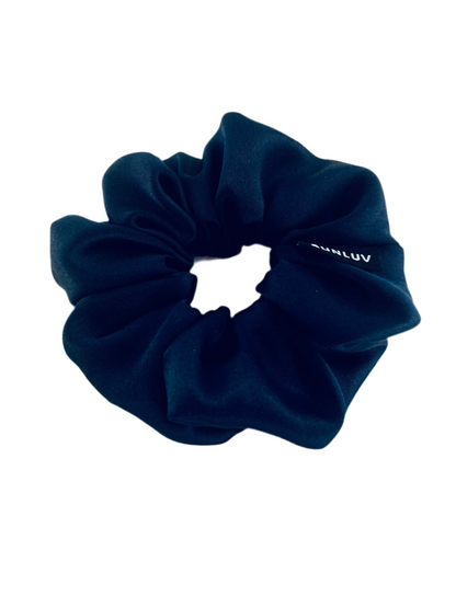 Navy blue SmartCore BUNLUV scrunchie satin on white background 