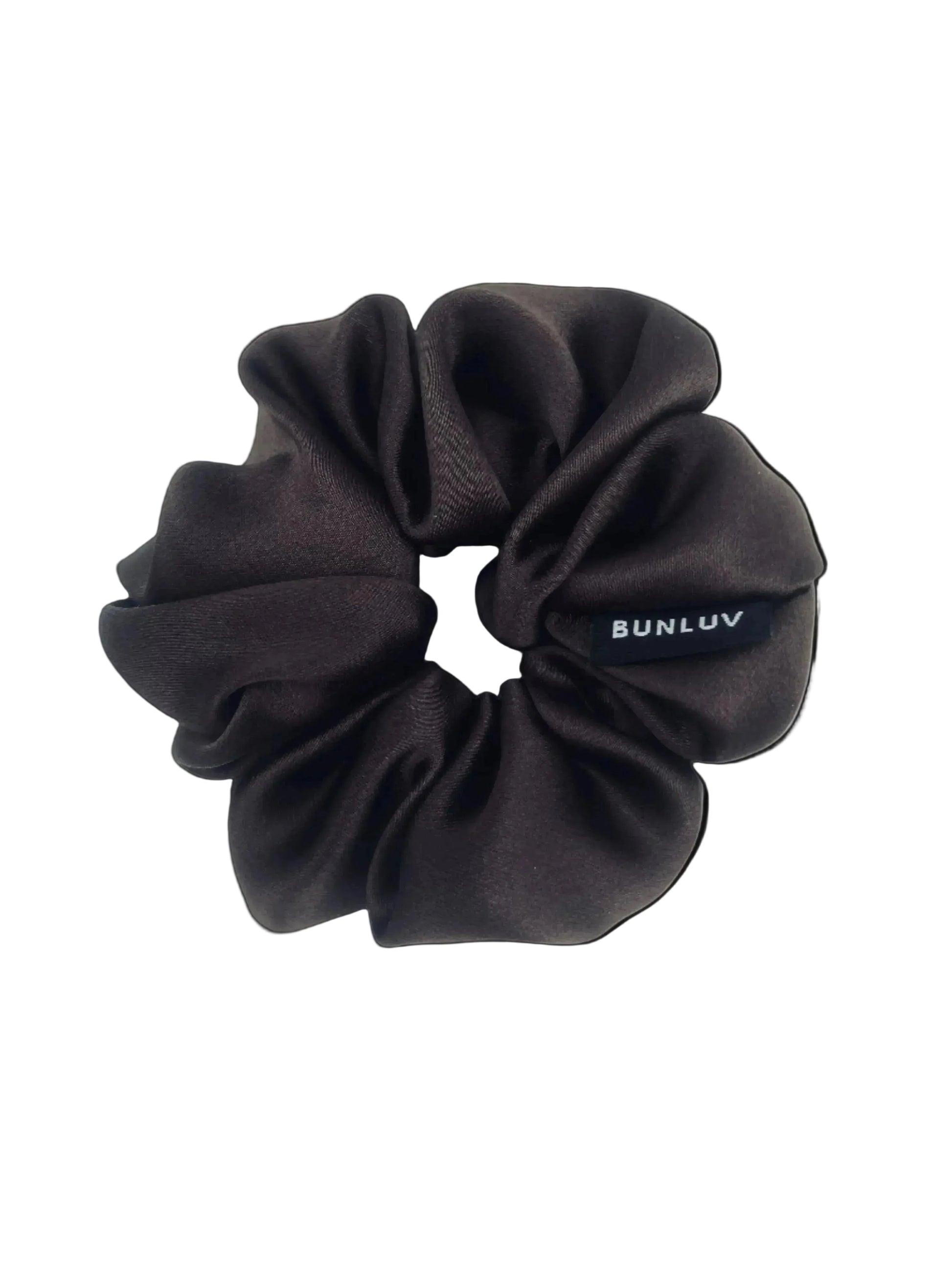 BUNLUV silk scrunchie in dark chocolate brown on white background