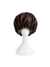 Dark chocolate rose gold satin bonnet on a white mannequin head against a white background