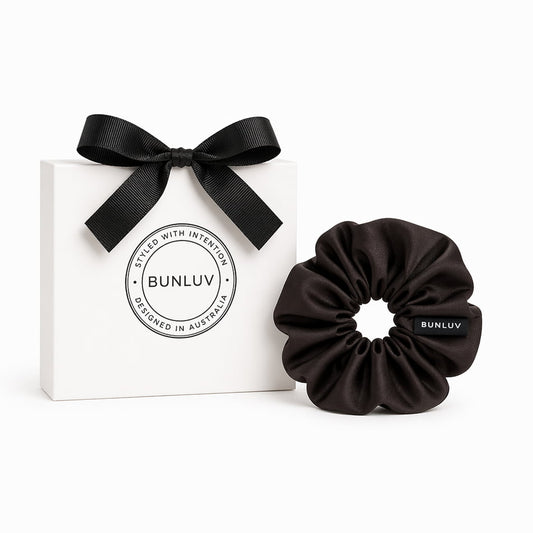 Dark chocolate mulberry silk scrunchie by BUNLUV, shown with gift box