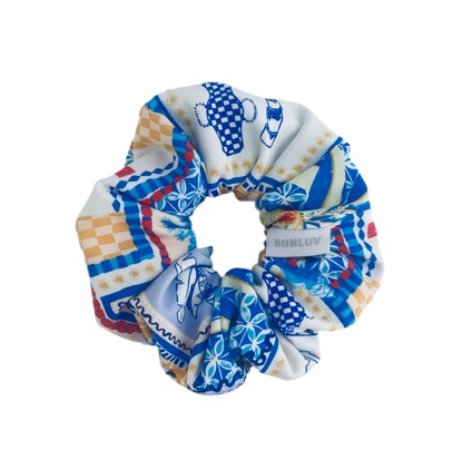 BUNLUV swim scrunchie in mediterranean blue, ideal for wet hair at pool or beach