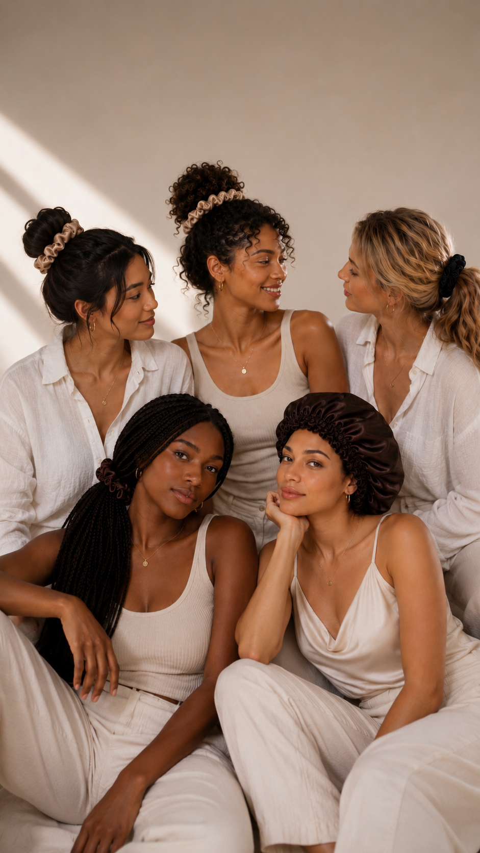 Five women sitting closely together wearing coordinated white and cream loungewear or tank tops in a softly lit indoor setting with warm sunlight and shadows all wearing BUNLUV hair accessories. 