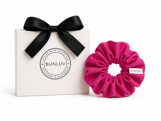 Hot pink active scrunchie by BUNLUV, shown with gift box