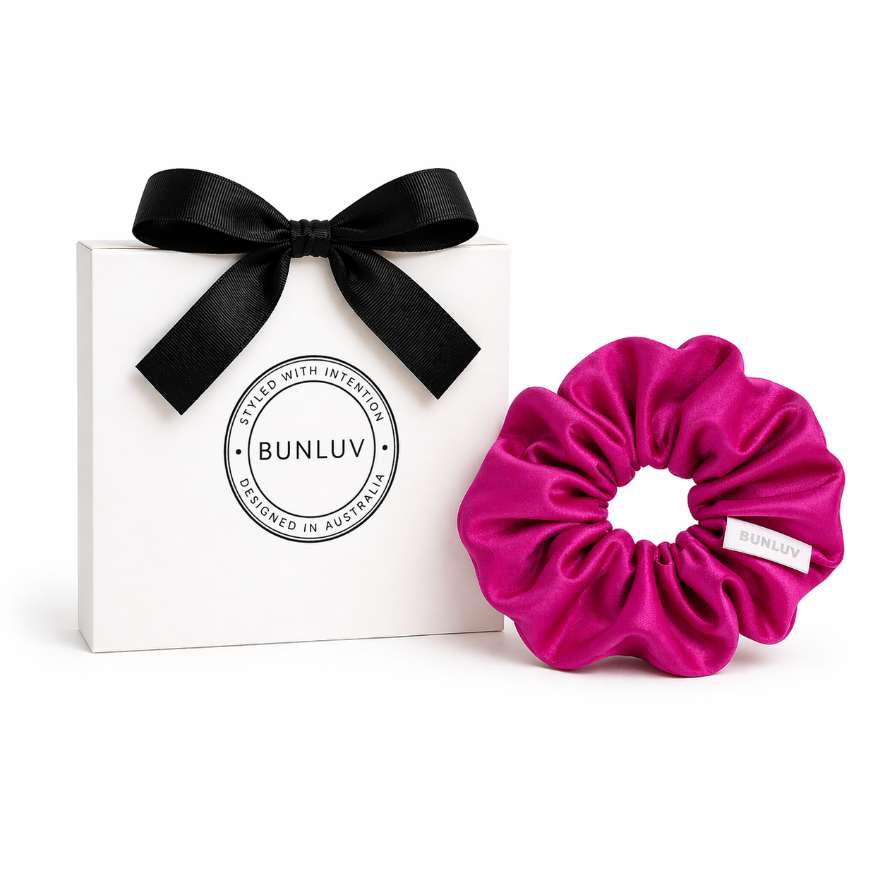Hot pink mulberry silk scrunchie by BUNLUV, shown with gift box
