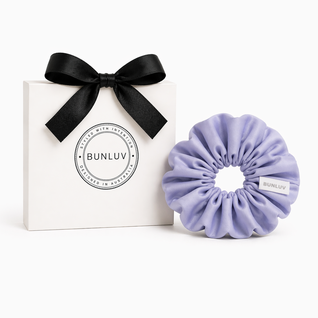 Light purple active scrunchie by BUNLUV, shown with gift box
