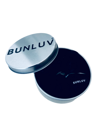 Black mulberry silk scrunchie by BUNLUV in packaging for men