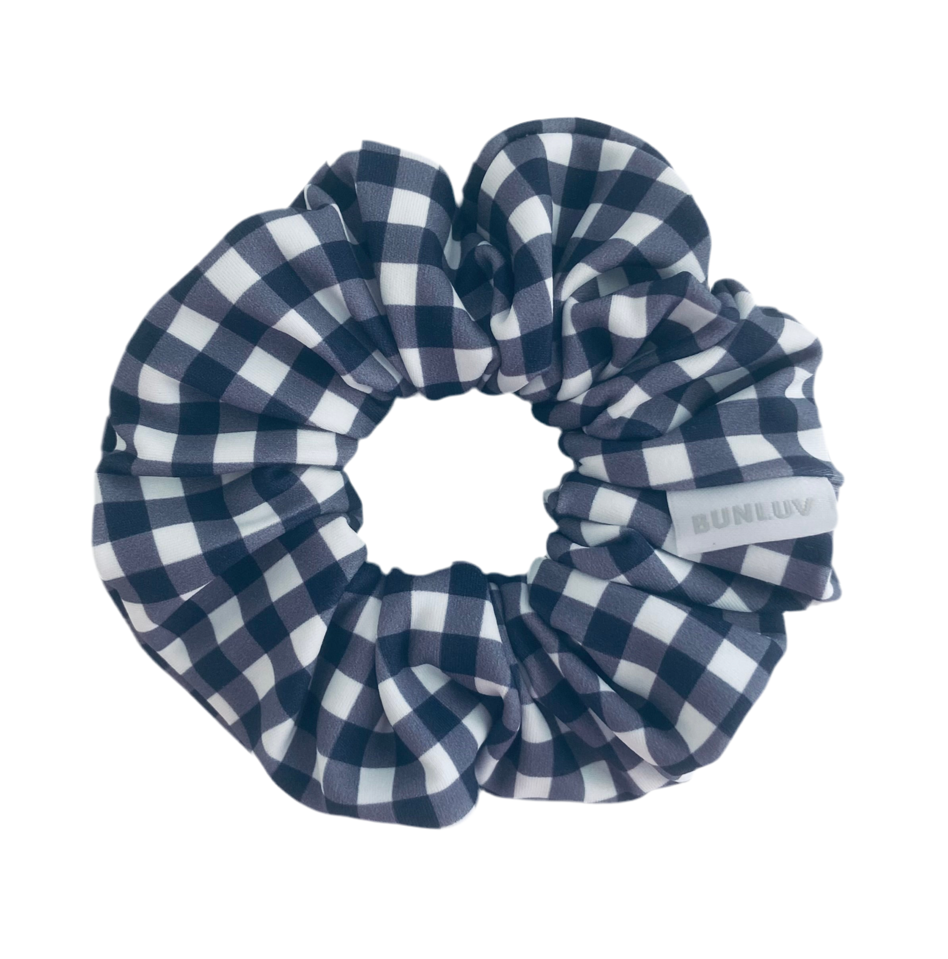 Navy gingham swim scrunchie by BUNLUV, on a white background