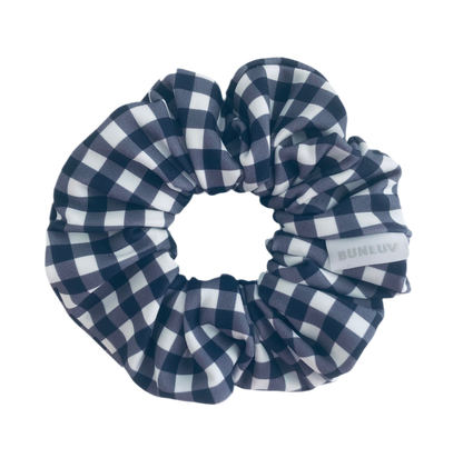 Navy gingham swim scrunchie by BUNLUV, on a white background