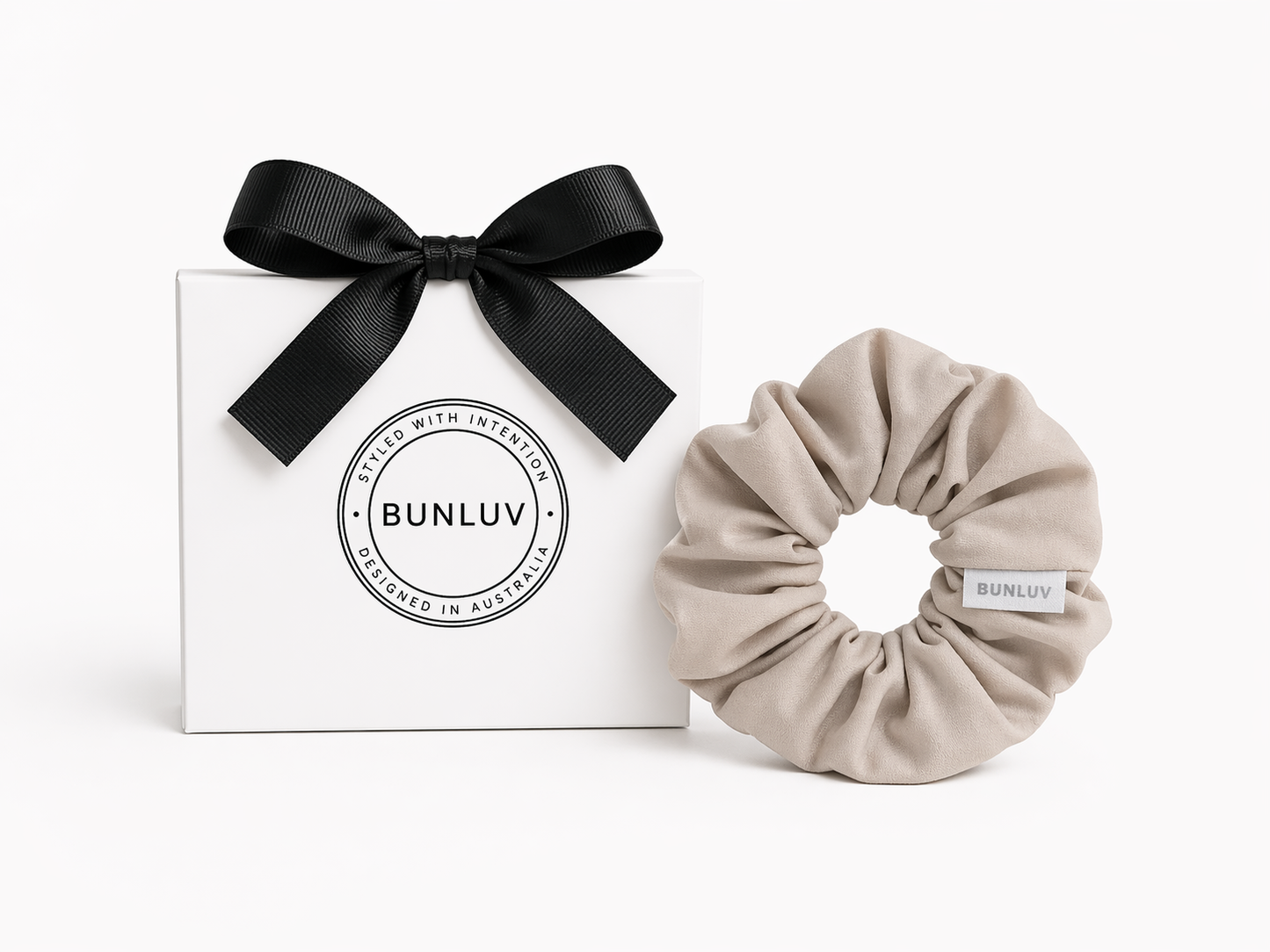 Nude active scrunchie by BUNLUV, shown with gift box