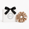Nude mulberry silk scrunchie by BUNLUV, shown with gift box