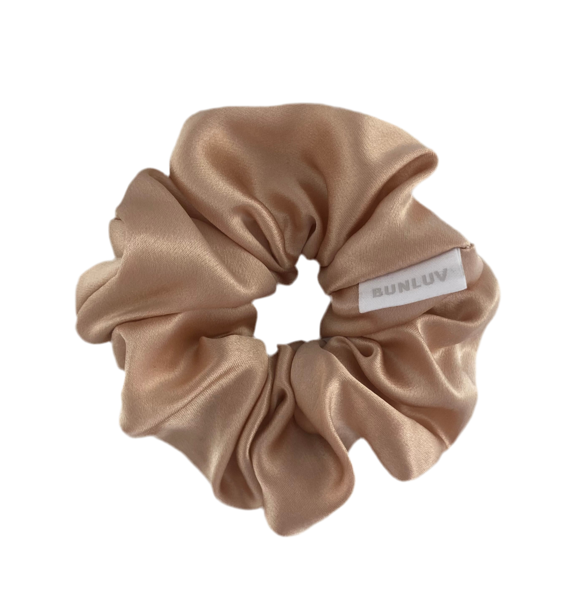 Nude mulberry silk scrunchie by BUNLUV, on white background