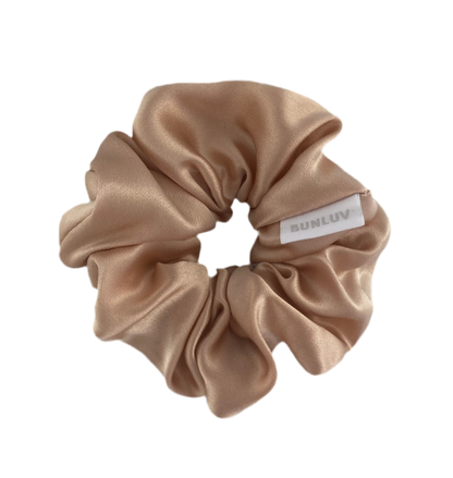 Nude mulberry silk scrunchie by BUNLUV, on white background