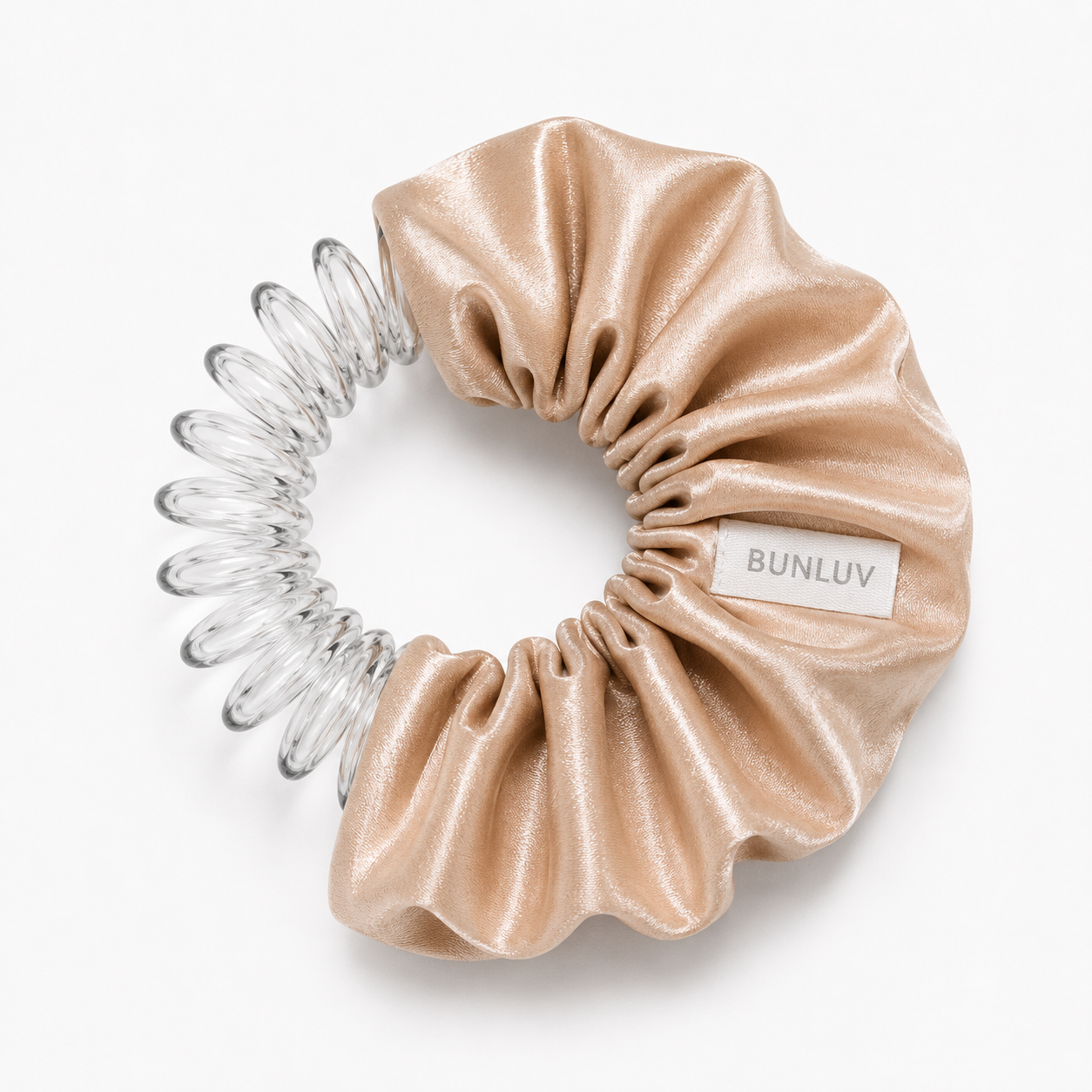 satin nude scrunchie with clear spiral design on a white background, by BUNLUV