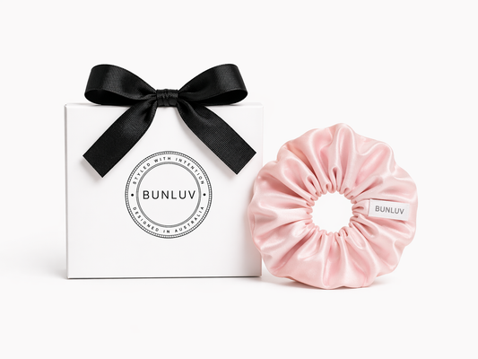 Pink satin scrunchie by BUNLUV, shown with gift box