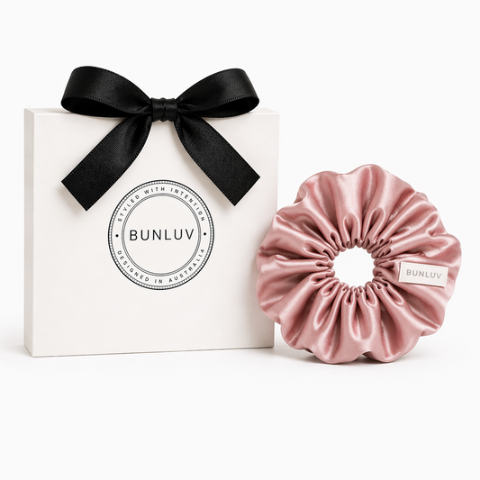 Rose beige satin scrunchie by BUNLUV, shown with gift box