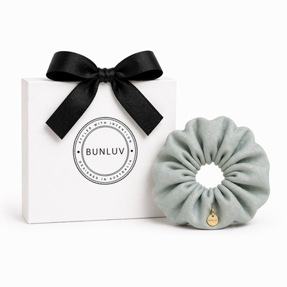 Sage mulberry silk scrunchie by BUNLUV, shown with gift box