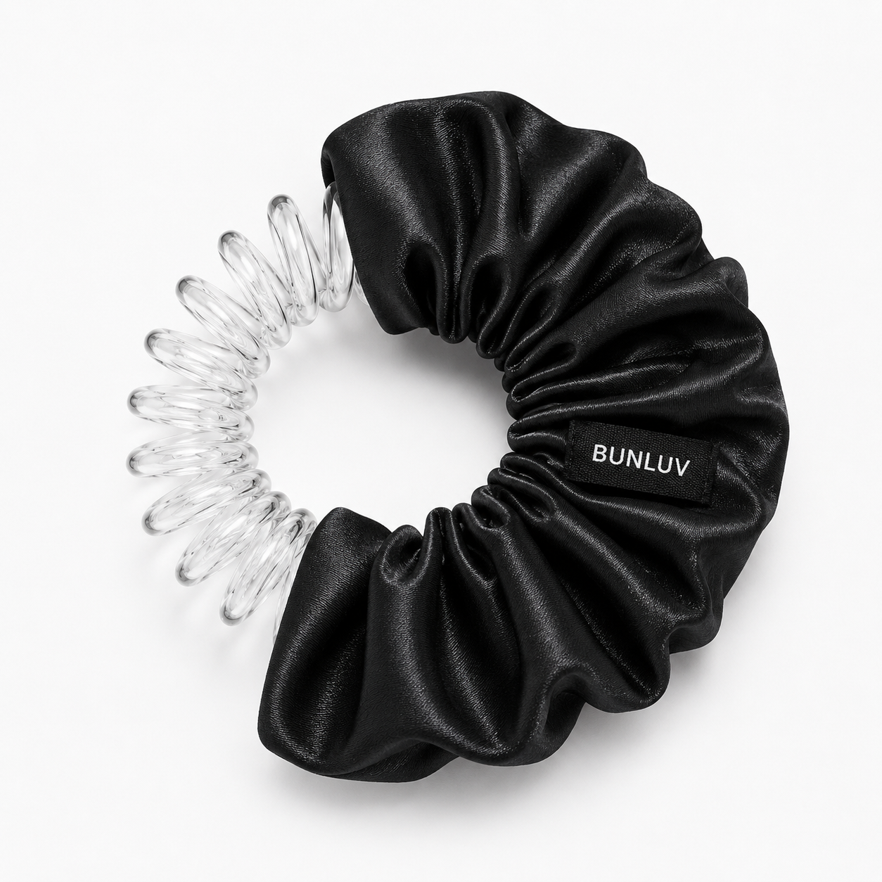 satin black  scrunchie with clear spiral design on a white background, by BUNLUV