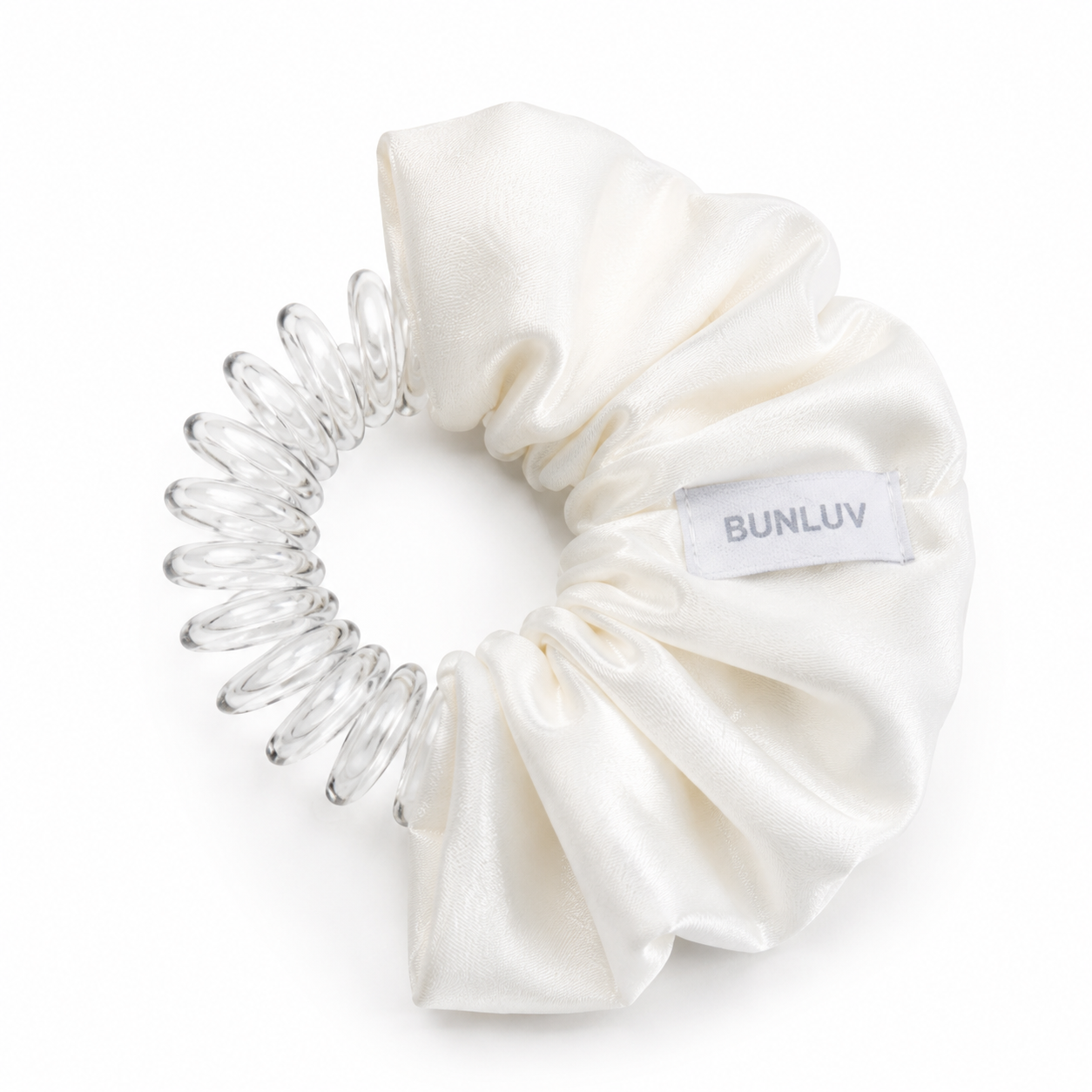 Satin white scrunchie with spiral inner exposed