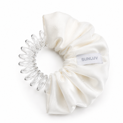 Satin white scrunchie with spiral inner exposed