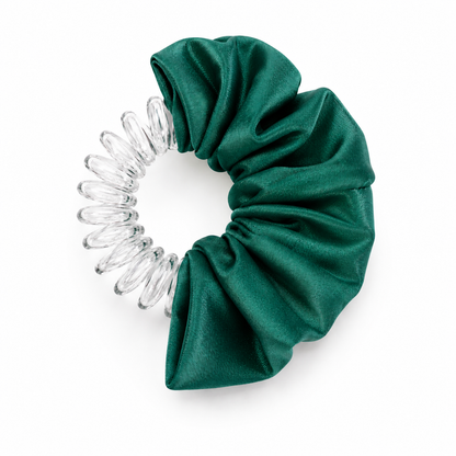 dark green school scrunchie with clear spiral design on a white background, by BUNLUV