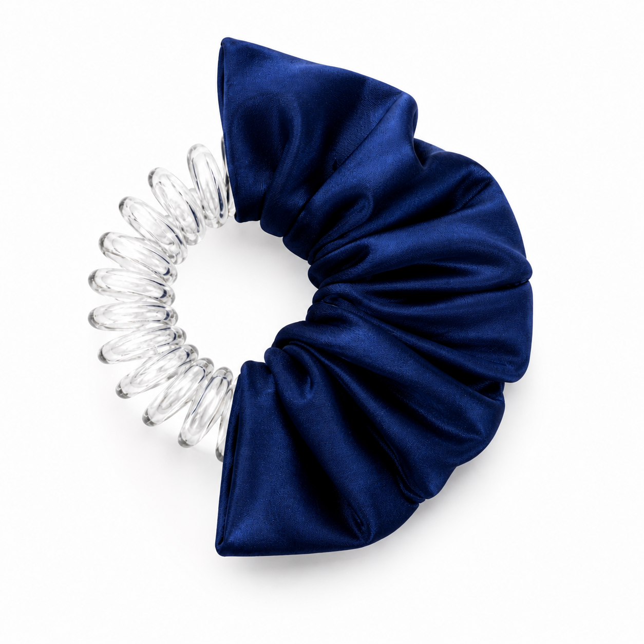 school navy scrunchie with clear spiral design on a white background, by BUNLUV