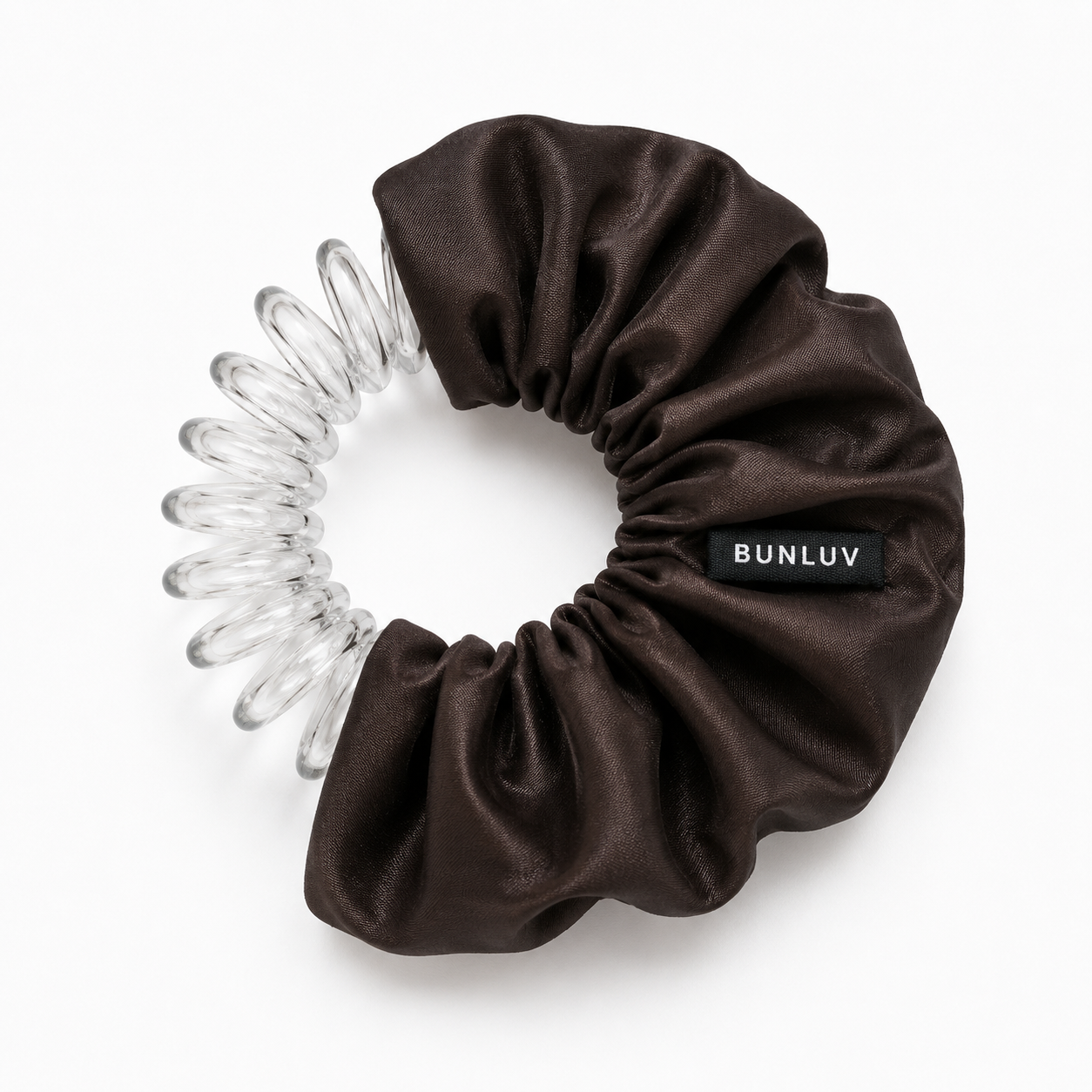 dark brown satin scrunchie with clear spiral design on a white background, by BUNLUV