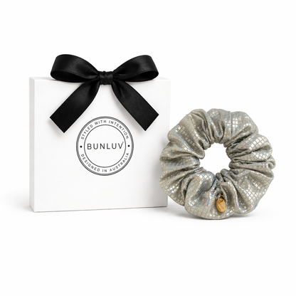 Silver sparkle active scrunchie by BUNLUV, shown with gift box