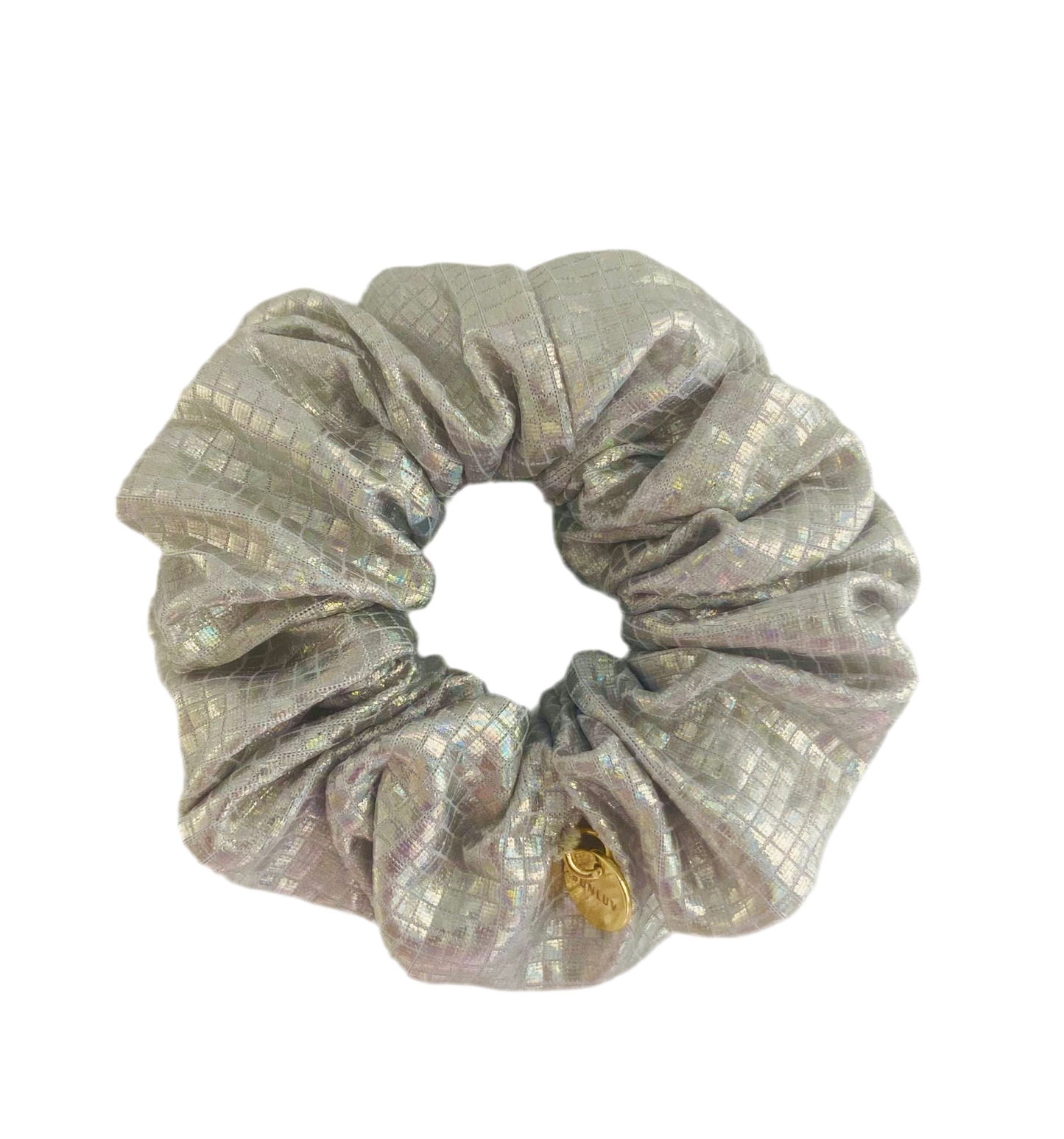 Silver sparkle active scrunchie close-up by BUNLUV on white background
