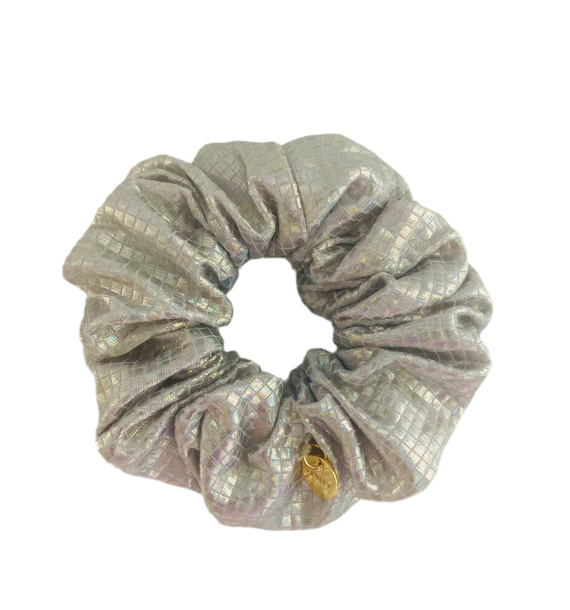 Silver sparkle active scrunchie close-up by BUNLUV on white background
