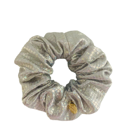 Silver sparkle active scrunchie close-up by BUNLUV on white background