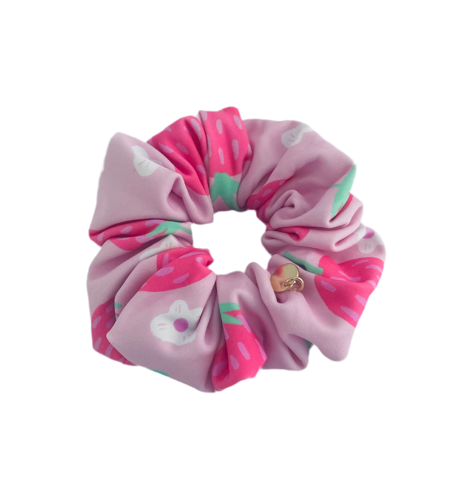 Pink strawberry print swim scrunchie by BUNLUV, on white background