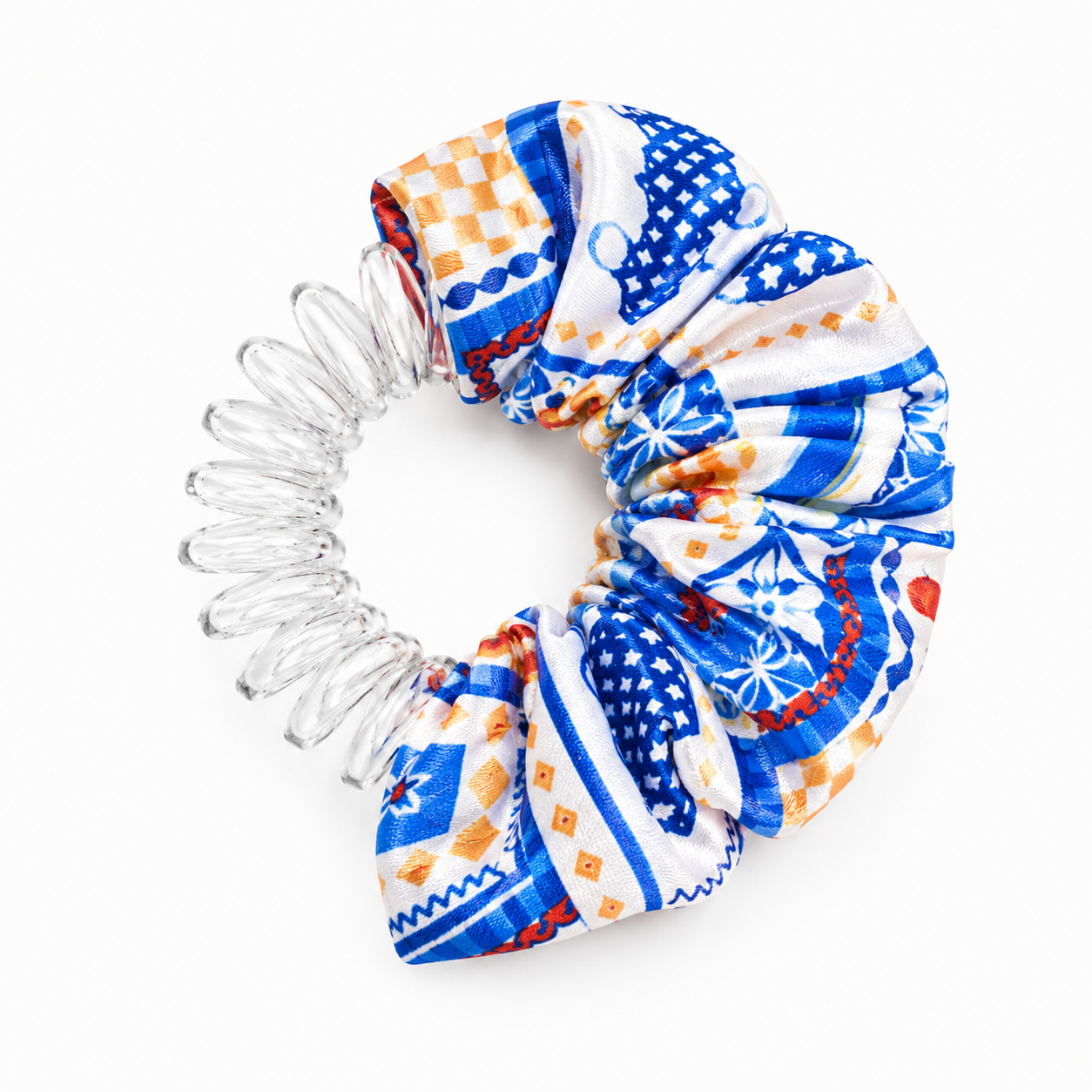swim mediterranean  scrunchie with clear spiral design on a white background, by BUNLUV