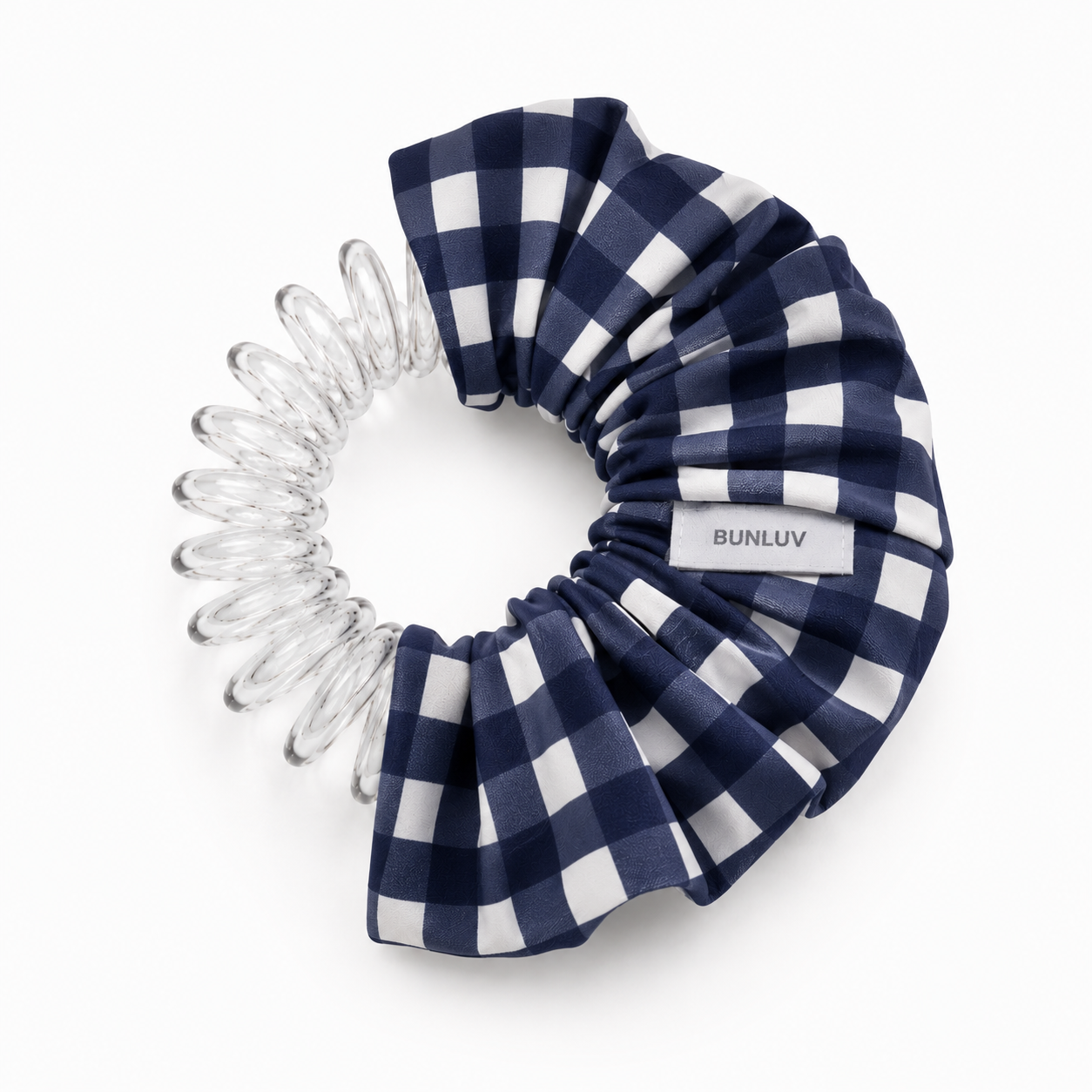 swim navy gingham scrunchie with spiral inner exposed