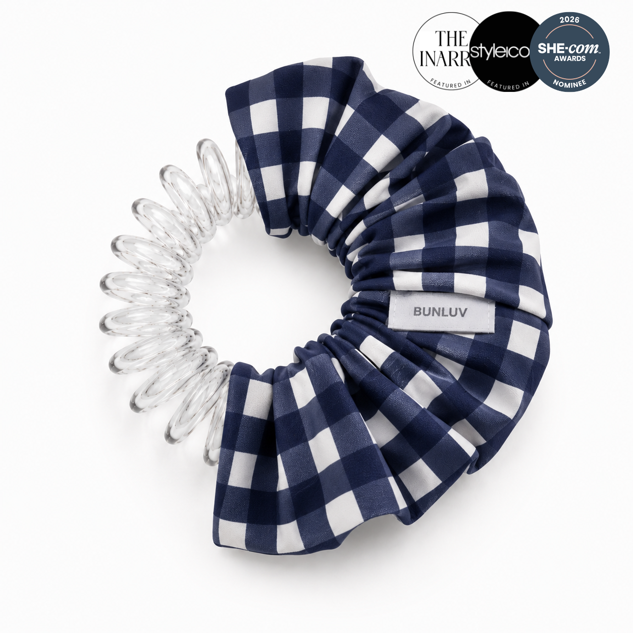 A navy and white gingham bunluv SWIM scrunchie with smartcore spiral opened to show inner structure,  on a white background with brand badges in the top right.