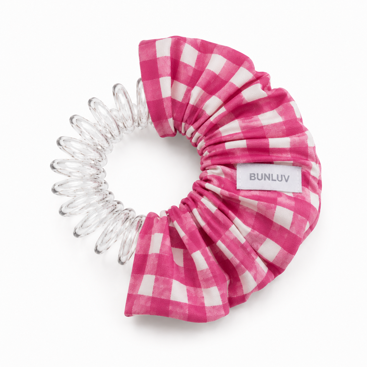 swim pink gingham scrunchie with spiral inner exposed