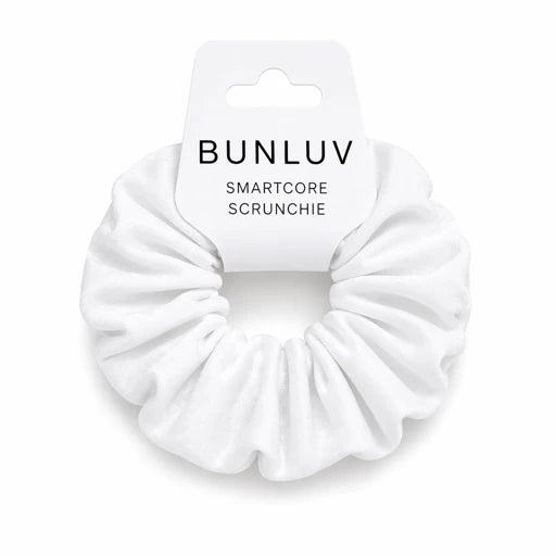 White scrunchie on a white background with 'BUNLUV' packaging.