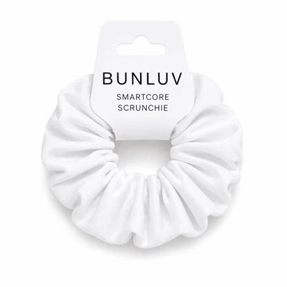 White scrunchie on a white background with 'BUNLUV' packaging.