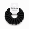 Black school smartcore spiral scrunchie with 'BUNLUV' packaging on a white background