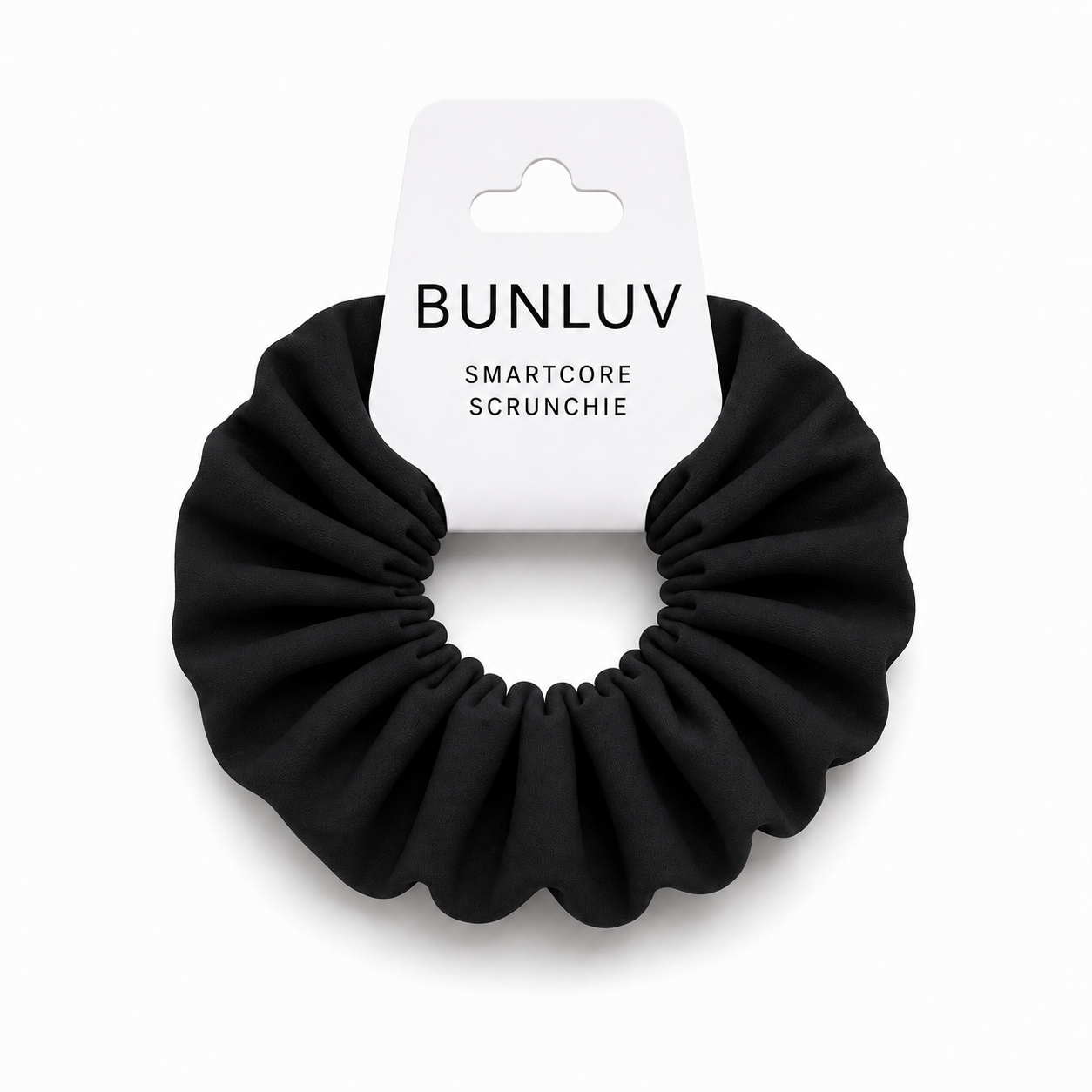 Black school smartcore spiral scrunchie with 'BUNLUV' packaging on a white background