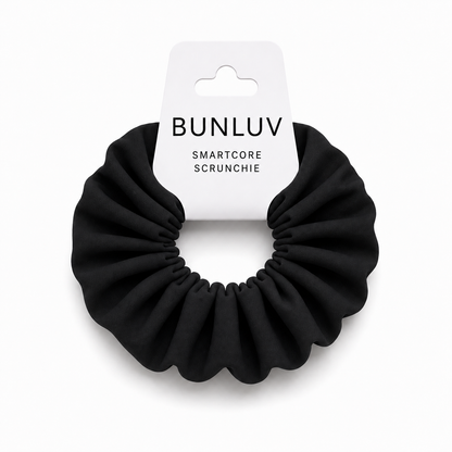 Black school smartcore spiral scrunchie with 'BUNLUV' packaging on a white background
