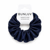 Navy blue scrunchie on a white background with 'BUNLUV' branding.