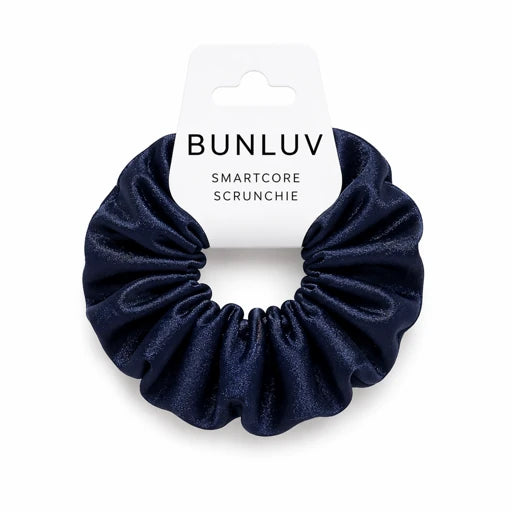 Navy blue scrunchie on a white background with 'BUNLUV' branding.