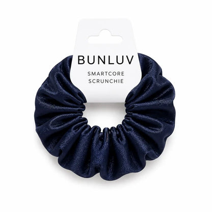 Navy blue scrunchie on a white background with 'BUNLUV' branding.
