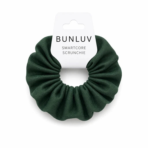 Green scrunchie on a white background with 'BUNLUV' label.